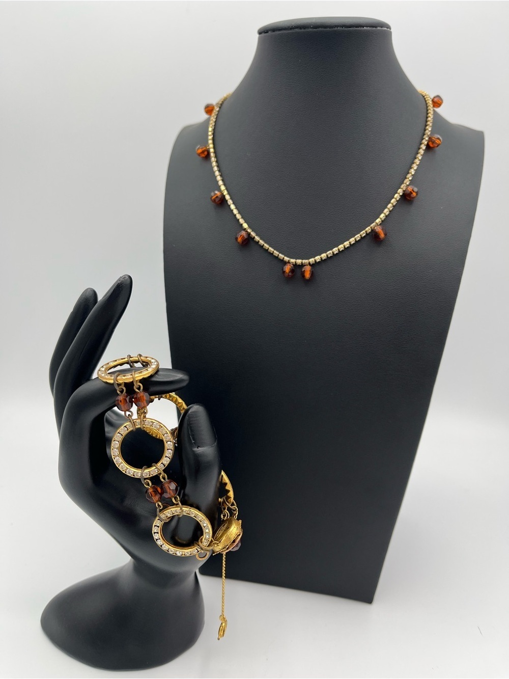 Signed Miriam Haskell Vintage Jewelry Set Gold Amber Rhinestone Demi-Parure